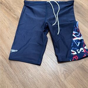 Speedo Men's Dark Blue Swim Shorts with Red and White Accents